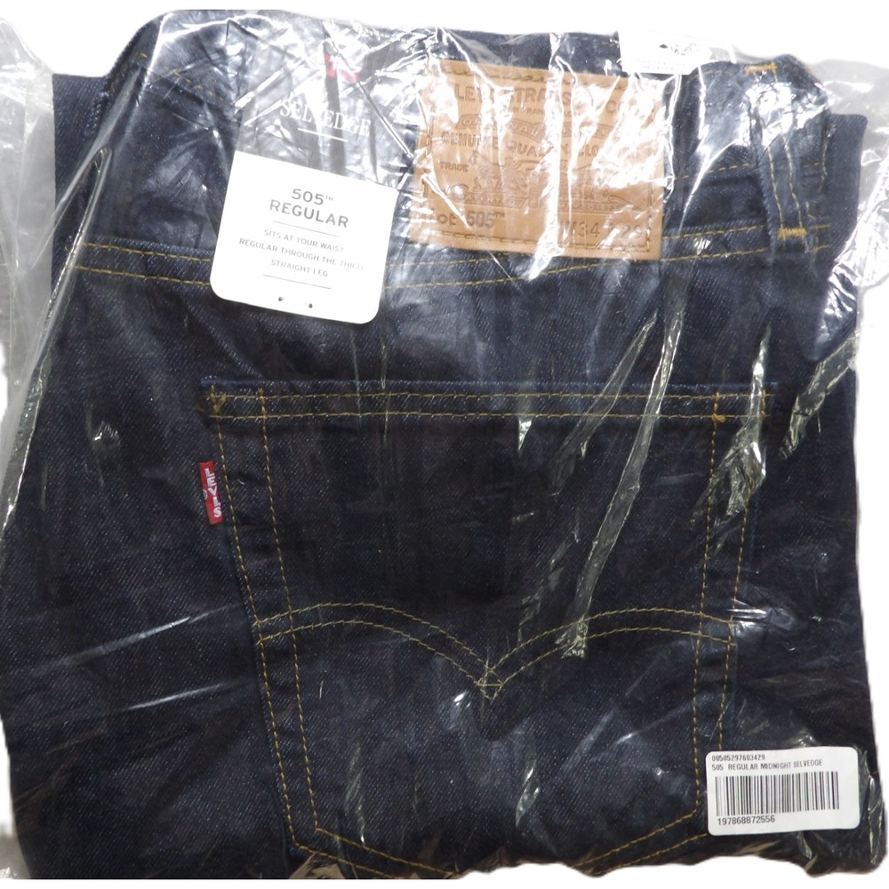 NWT Levi Premium 505 Selvedge Regular Fit Jeans Men 34x29 Dark Wash Straight Leg